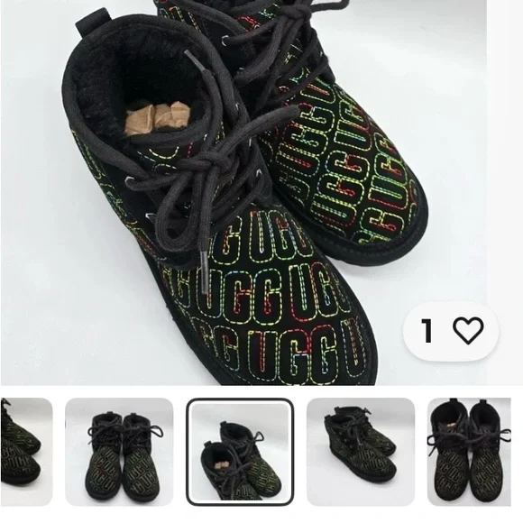 UGG 7C Signature Boots Black &Multicolor Leather w/side Zip - Picture 4 of 10